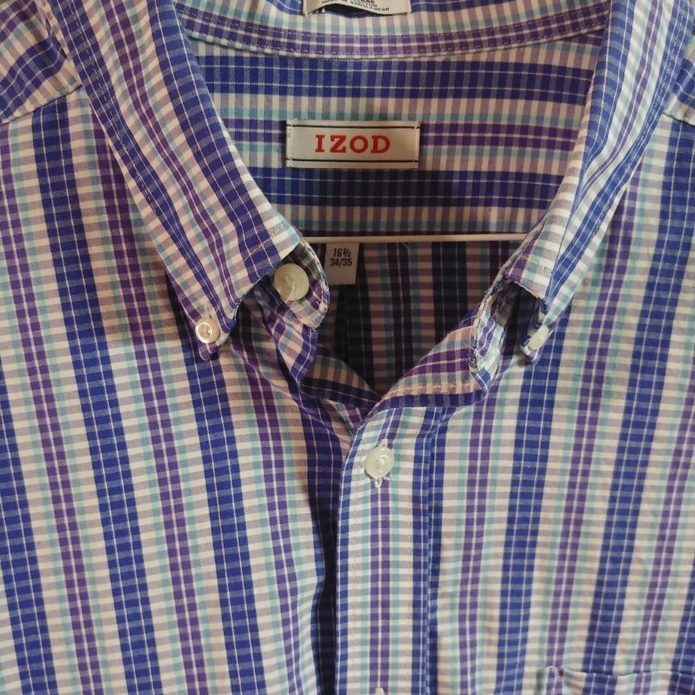 Izod Blue Madras Check button down shirt Sz 161/1 34/35